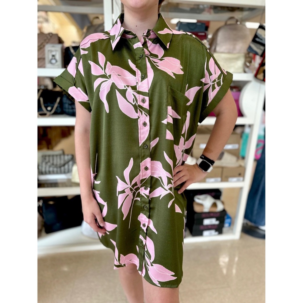 Entro Olive Green Pink Leaf Print Satin Button Down Shirt Dress XL Womens